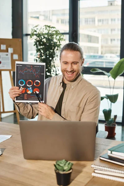 Joyful businessman pointing at charts during video call on laptop in modern office, success — Stock Photo