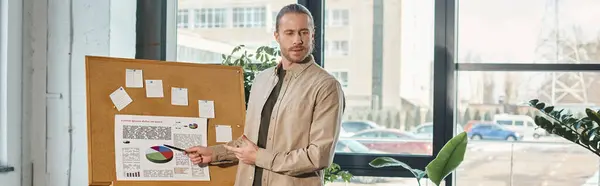 Moderner Geschäftsmann zeigt auf Flipchart mit Infografik in modernem Büro, horizontales Banner — Stockfoto