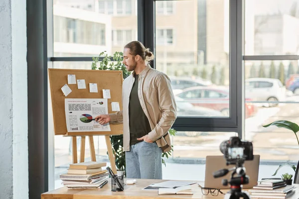 Hombre de negocios señalando el rotafolio con gráficos y creando contenido de video comercial en la oficina - foto de stock