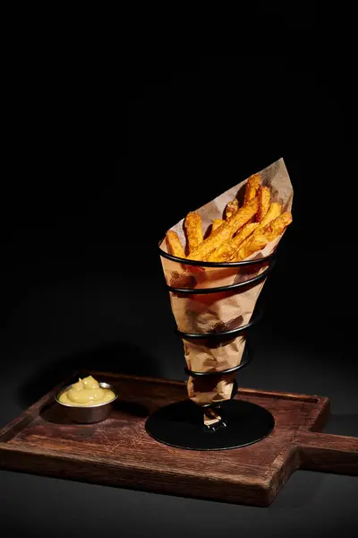 Delicious crispy French fries inside of paper cone near dipping sauce on wooden cutting board — Stock Photo