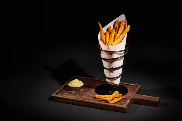 Papas fritas crujientes gourmet dentro de cono de papel cerca de salsa de inmersión en la tabla de cortar de madera - foto de stock