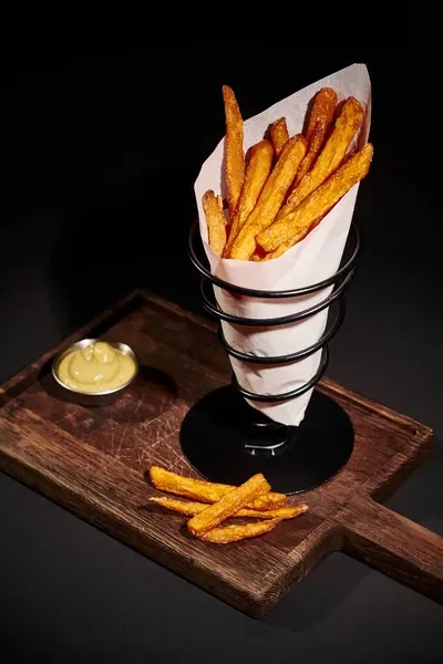 Cooked and crispy French fries inside of paper cone near dipping sauce on wooden cutting board — Stock Photo