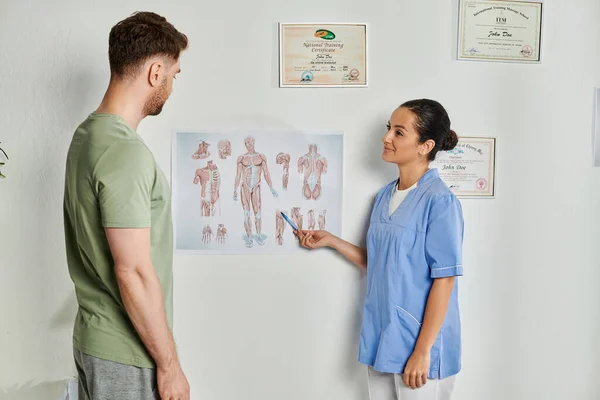 Веселий привабливий лікар, який показує схеми анатомії своєму пацієнту під час призначення, охорона здоров'я — стокове фото