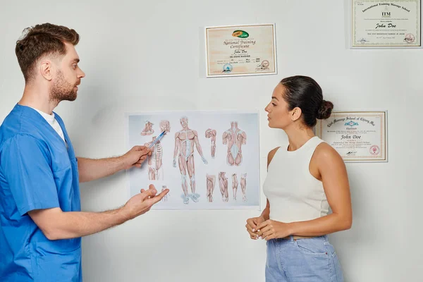 Médico bonito com barba mostrando esquemas de anatomia para seu jovem paciente atraente, cuidados de saúde — Fotografia de Stock