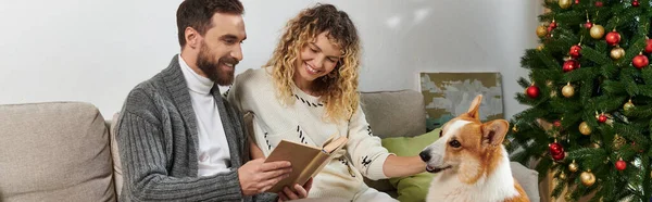 Banner, happy couple sitting on couch and reading book near corgi dog and Christmas tree — Stock Photo