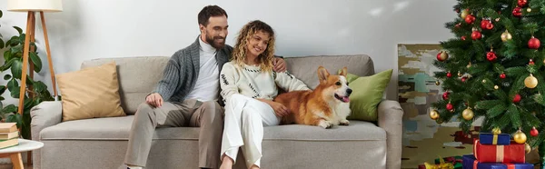 Cheerful couple sitting on couch, cuddling corgi dog near decorated Christmas tree at home — Stock Photo