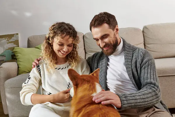Casal alegre sorrindo e brincando com cão corgi bonito no apartamento moderno, momentos felizes — Fotografia de Stock