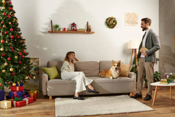 Happy woman sitting on couch with corgi dog and looking at husband with book on Christmas day — Stock Photo