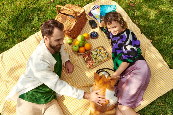 Happy couple enjoying picnic, resting and cuddling cute corgi dog on blanket next to delicious food — Stock Photo