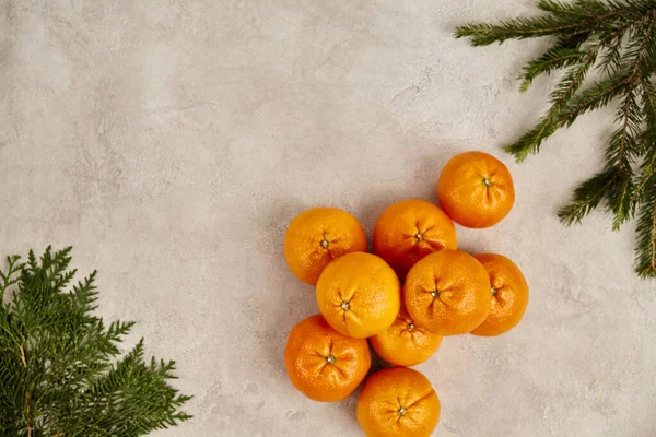 Fundo de Natal, tangerinas maduras com zimbro e ramos de pinho na superfície texturizada cinza — Fotografia de Stock