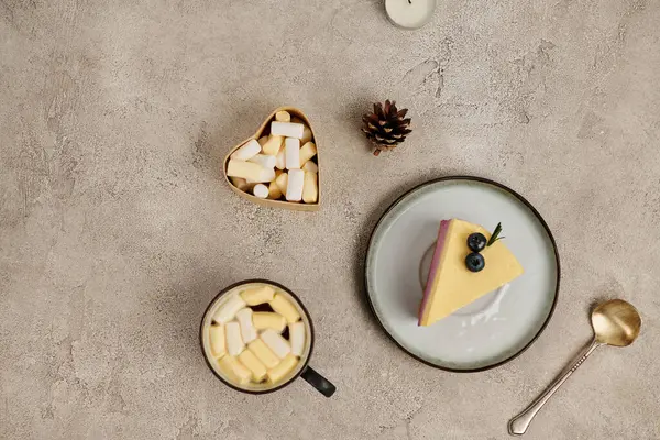 Chocolate quente com marshmallows e pudim de Natal com mirtilos perto de cone de pinho em cinza — Fotografia de Stock