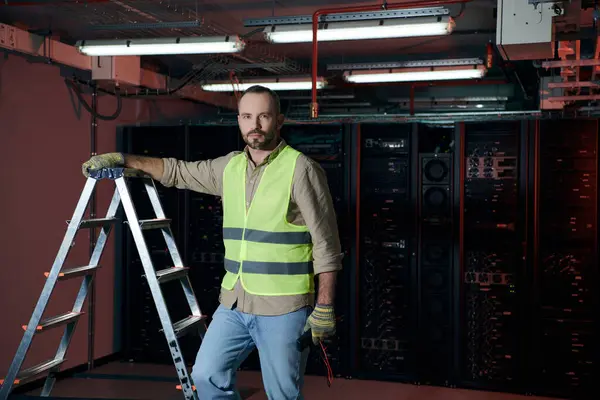 Good looking technician in safety vest and gloves standing next to step ladder and looking at camera — Stock Photo