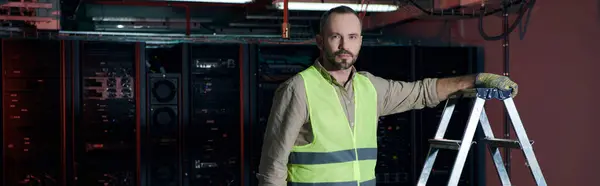 Pensive technician in safety clothes next to step ladder and looking at camera, data center, banner — Stock Photo
