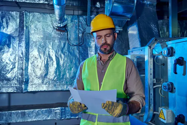 Técnico concentrado em capacete de segurança olhando atentamente para sua papelada em data center — Fotografia de Stock