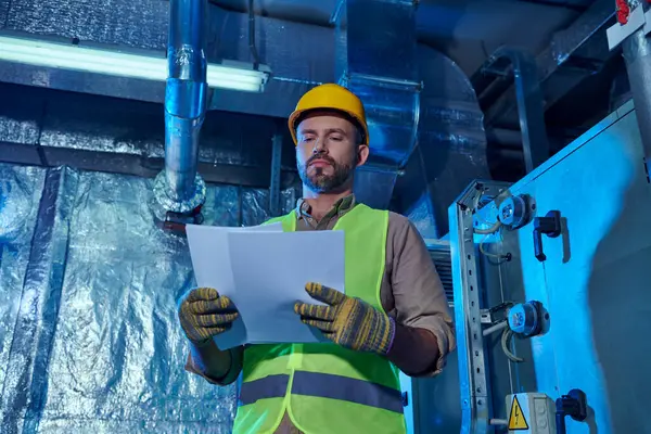 Concentrato bell'uomo in indumenti di sicurezza e casco guardando attentamente i documenti, data center — Foto stock