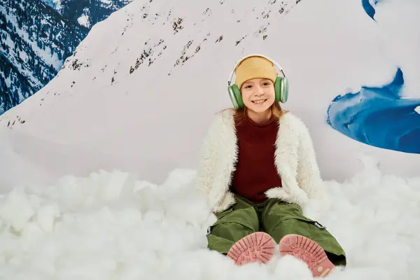 Felice preteen girl in elegante abbigliamento con auricolare seduto sulla neve e sorridente alla macchina fotografica, moda — Foto stock