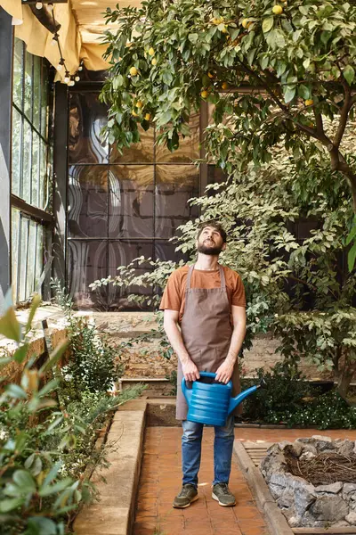 Hermoso jardinero barbudo en delantal de mezclilla que sostiene regadera cerca de árboles y plantas en invernadero - foto de stock