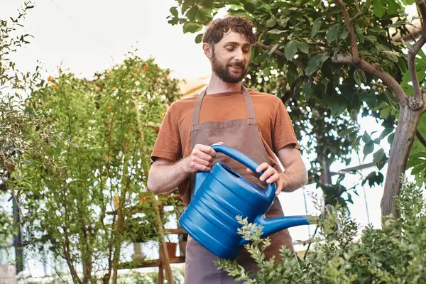 Cheerful gardener in linen apron watering green bush with blue watering can in greenhouse — Stock Photo