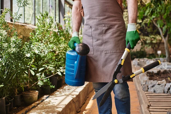 Cropped gardener in gloves and apron holding big gardening scissors and watering can in greenhouse — Stock Photo