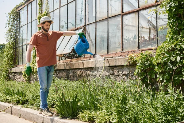 Schöner und bärtiger Gärtner mit Sonnenhut, der Pflanzen in der Nähe von Gewächshäusern auf dem Land gießt — Stockfoto