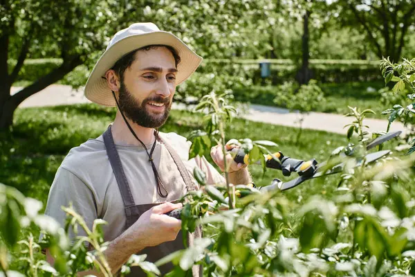 Jardinero feliz en el sombrero de sol recortar ramas de árbol con grandes tijeras de jardinería y trabajar al aire libre - foto de stock