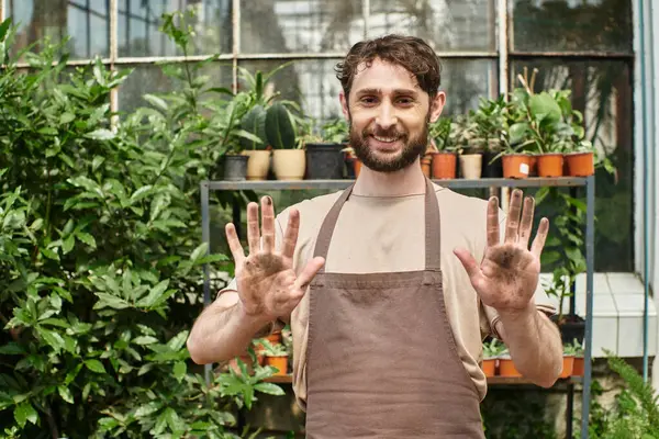 Happy bearded gardener in apron showing his dirty hands after working with plants and soil — Stock Photo