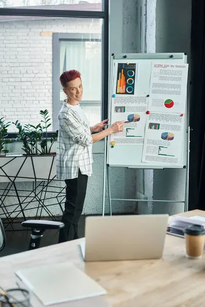 Бигендерный менеджер показывает на флип-график с графиками во время видеозвонка на ноутбуке в современном офисе — стоковое фото