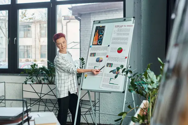 Bigender manager punta a flip chart con analisi aziendali durante la presentazione in ufficio moderno — Foto stock