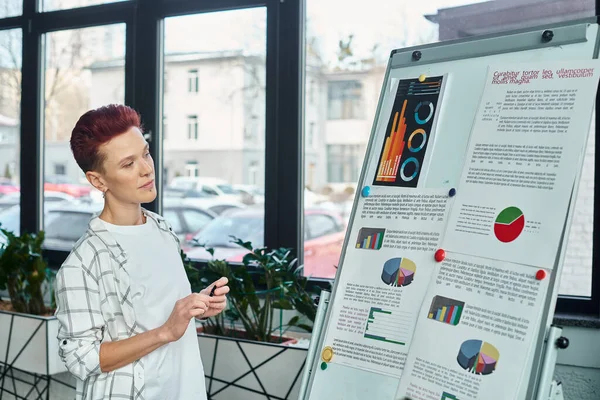 Thoughtful bigender person looking at flip chart with business analytics in while working in office — Stock Photo