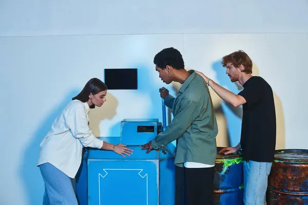 Young concentrated interracial friends having investigation during quest in escape room, decision — Stock Photo