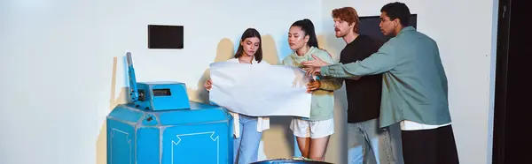 Group of interracial friends holding blueprint and talking during quest in escape room, banner — Stock Photo