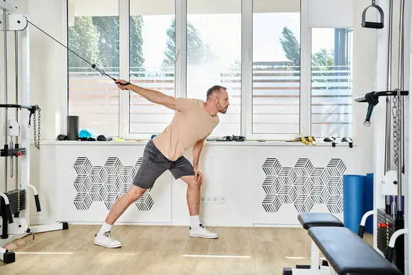 Athletischer Mann in Sportbekleidung beim Training an einem Trainingsgerät in der Turnhalle des modernen Kinesio-Zentrums, Erholung — Stockfoto
