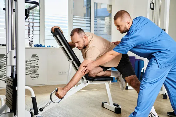 Physician in blue uniform consulting man how to train on exercise machine in kinesiology center — Stock Photo