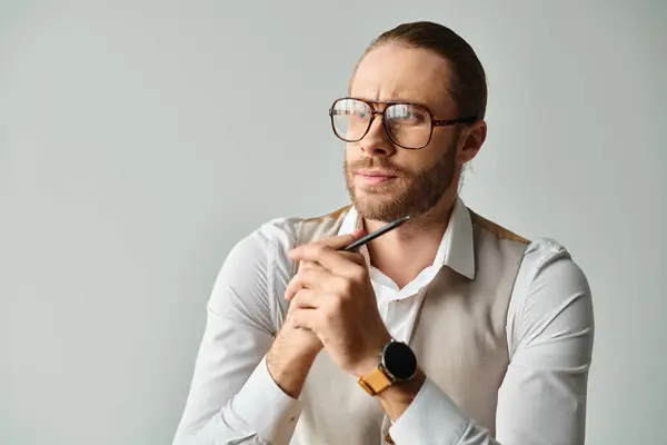 Guapo modelo masculino concentrado con barba y gafas posando con pluma en la mano y mirando hacia otro lado - foto de stock