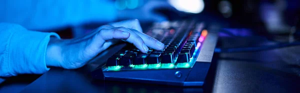 Banner of cropped female hands typing on computer keyboard with illumination, blue light — Stock Photo