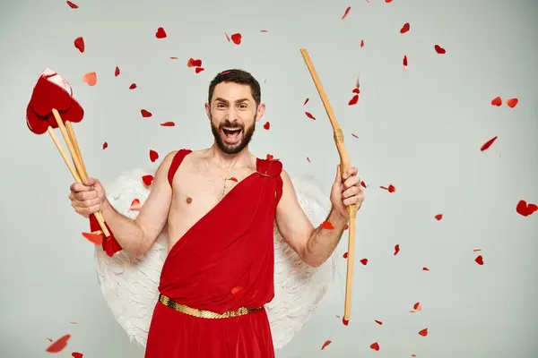 Bearded man in cupid costume with heart-shaped arrows and bow screaming from excitement on grey — Stock Photo