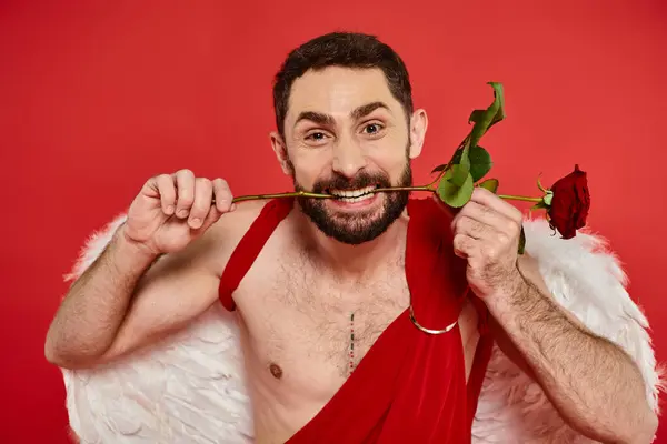 Aufgeregter Mann im Amor-Kostüm grimmig und mit Rosen in den Zähnen auf roter Valentinstagsfeier — Stockfoto