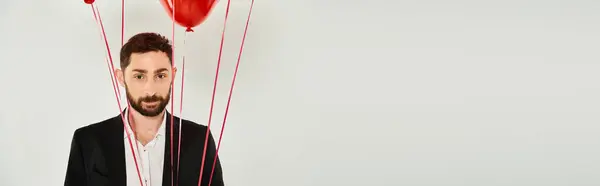 Елегантний бородатий чоловік дивиться на камеру біля червоних святкових кульок на сірих, день святого Валентина, банер — стокове фото