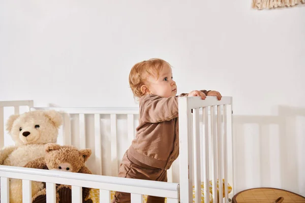 Menino curioso em pé no berço com brinquedos suaves em quarto de berçário acolhedor em casa, infância feliz — Fotografia de Stock