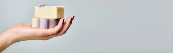 Полосатое мыло в руке молодой неизвестной женщины с лаком для ногтей на сером фоне, баннер — стоковое фото