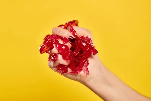Unknown young woman with nail polish squeezing red fresh jello in her hand on vivid yellow backdrop — Stock Photo