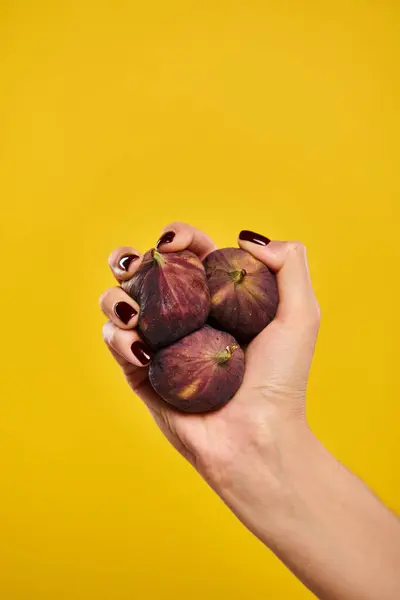 Foto dell'oggetto di fichi freschi naturali in mano del giovane modello femminile sconosciuto su uno sfondo giallo vibrante — Foto stock