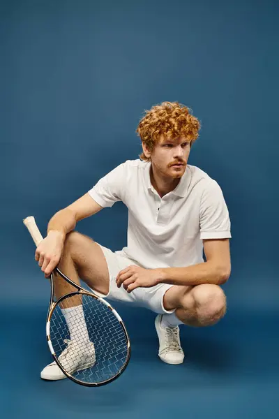 Wealthy redhead man in white tennis outfit sitting on haunches with racquet on blue, classic fashion — Stock Photo