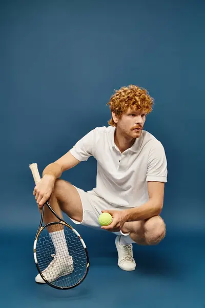 Stylish man in white attire with tennis racquet and ball sitting on haunches looking away on blue — Stock Photo