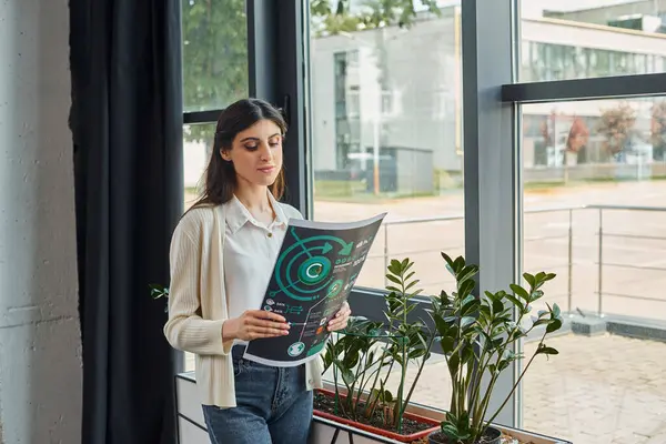 A focused professional examines franchise documents by the window, surrounded by office greenery. — Stock Photo