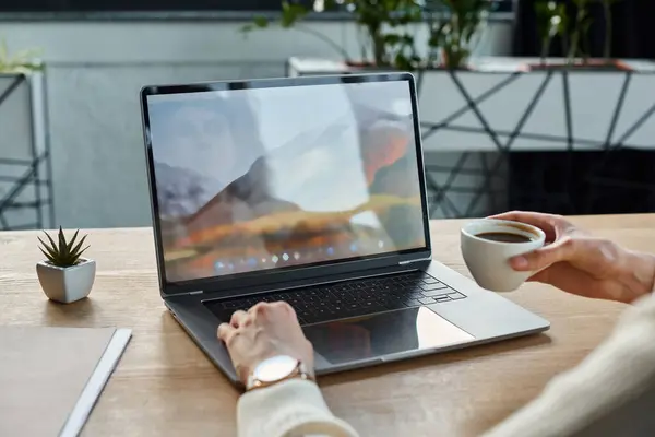 A businesswoman engages with her laptop at a sleek table in a modern office, embodying the franchise concept. — Stock Photo