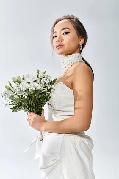 Приваблива азіатська наречена в елегантному вбранні з білими квітами букет дивиться збоку на камеру — стокове фото