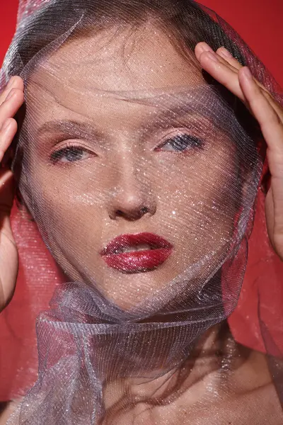 A young woman exudes classic beauty, her head draped in a delicate veil, posing elegantly in a studio against a black backdrop. — Stock Photo