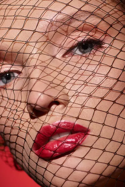 A young woman with classic beauty wears red lipstick and a net covering her face in a captivating and mysterious pose. — Stock Photo
