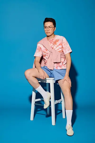 Un giovane elegante in abiti alla moda siede con fiducia in cima a uno sgabello bianco su uno sfondo blu vibrante. — Foto stock